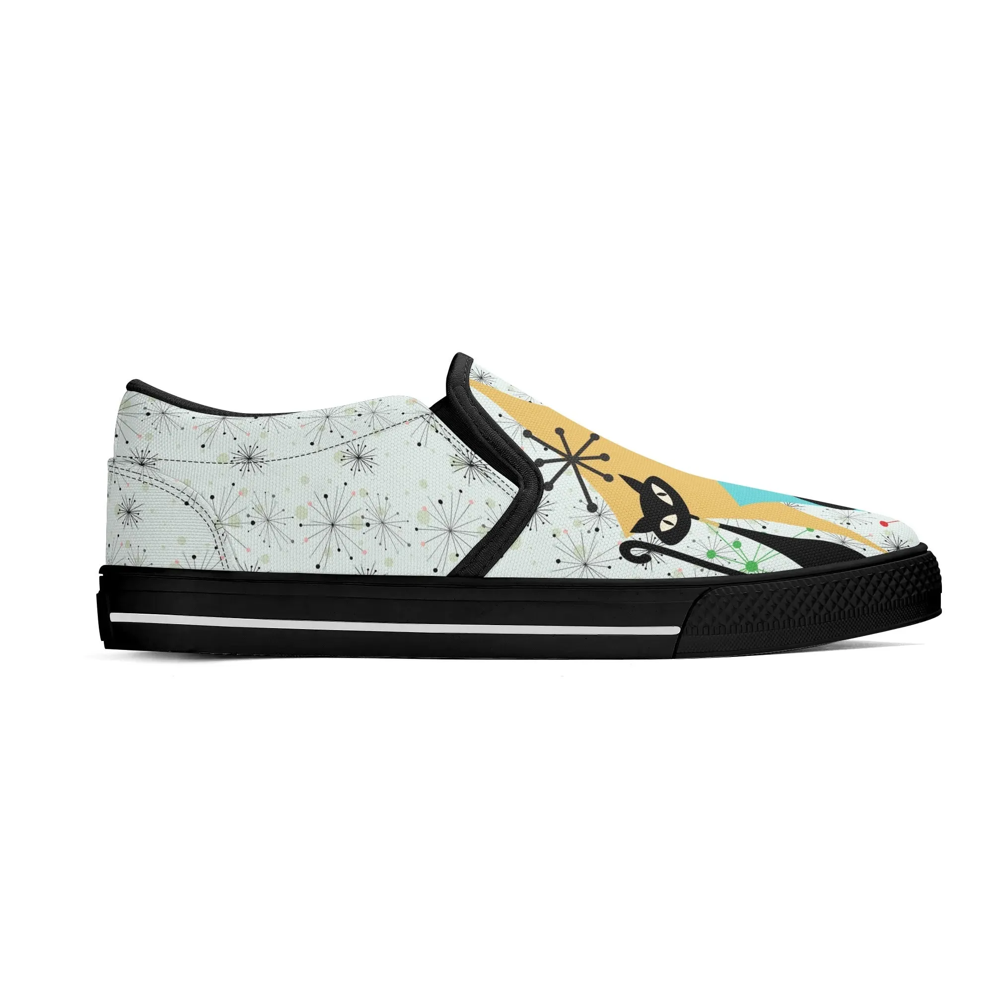 Atomic Kitschy Cat Retro Womens Slip-On Shoes, Mid Century Modern Starburst Sneakers, MCM Casual Footwear