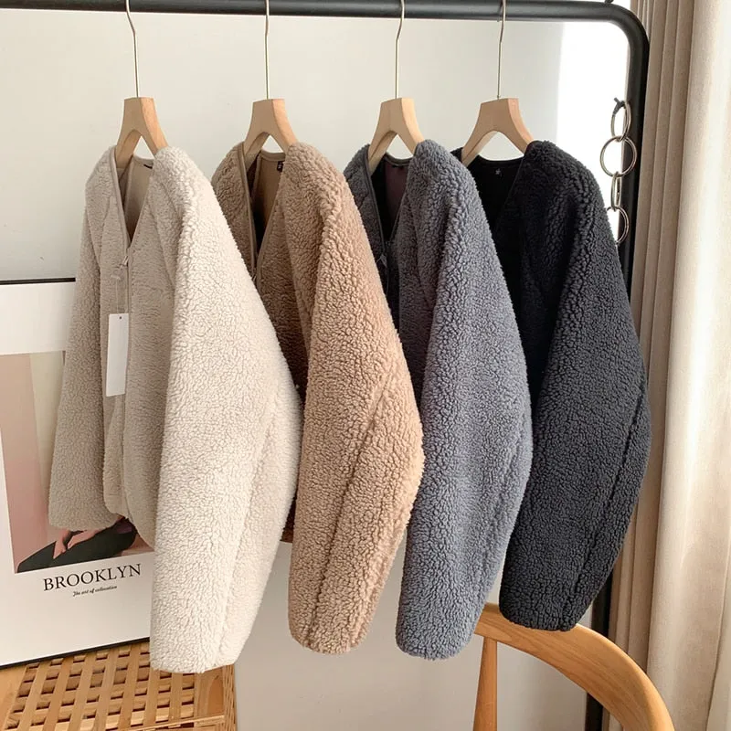 Lambswool Crop Jackets Women Warm V-neck Solid Outwear Autumn